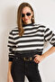 Women's Black and White Striped Fleece-Lined Crop Sweatshirt Swt-19000775 - 3