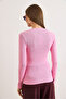 Women's Candy Pink Crew Neck Buttoned Long Sleeve Stretch Fabric Cotton Blouse Blz-19002566 - 2