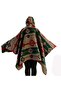 Green Beige Red Ethnic Patterned Woolen Warm Hooded Unisex Camper Poncho Winter Shawl - 3