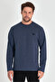 Men's Navy Blue Double Crew Neck Print Detailed Standard Relaxed Fit Sweatshirt