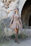 Camel v-neck long sleeve flared dress