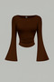 Dark Brown Boat Neck Long Sleeve Spanish Sleeve Blouse, Side Ruched Spanish Sleeve Coffee Crop Top