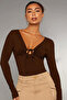 Coffee Deep V-Neck Long Sleeve Lace-Up Blouse,Long Sleeve Tie Front Dark Coffee Low-Cut Blouse Top