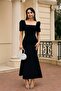 Square Neck Balloon Sleeve Slit Midi Length Evening Dress - 4