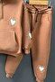 Girl's Heart Emoji Printed Kangaroo Pocket Zippered Sweat Brown Tracksuit Set - 6