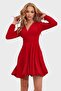 Red Deep V-Neck Flared Sandy Christmas Special Dress ALC-X9420