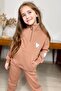 Girl's Heart Emoji Printed Kangaroo Pocket Zippered Sweat Brown Tracksuit Set - 2