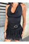 Women's Black Degaje Collar Halter Neck Back Low-Cut Buckle Draped Sandy Fabric Blouse