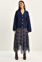 Women's Navy Blue Plaid Patterned Wrinkle Effect Lined Midi Chiffon Skirt De251105 60283760