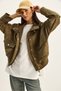 Women's Khaki Stand Collar Zippered Pocket Detailed Lined Oversize Faux Suede Jacket 9030 60283796