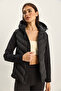 Women's Black Hooded Zippered Garnished Slim Fit Puffer Coat 1123 60283816 - 3