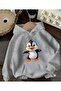 Cute Penguin Print Detailed Hooded Sweatshirt Gray