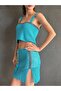 Hand Knitted Skirt Bustier Women's Turquoise Set - 3