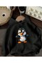 Cute Penguin Print Detailed Hooded Sweatshirt Black