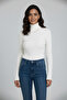 Women's White Corded Fabric Full Turtleneck Basic Knitwear Sweater - 2