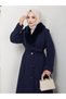 Women's New Season K Double-Breasted Full-Length Coat with Collar Buttons, Fur Collar and Belt - 7