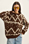 Women's Brown Cream Patterned Crew Neck Oversize Knitwear Sweater 60283826 - 4