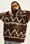 Women's Brown Cream Patterned Crew Neck Oversize Knitwear Sweater 60283826 - 5