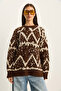 Women's Brown Cream Patterned Crew Neck Oversize Knitwear Sweater 60283826 - 2