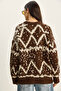 Women's Brown Cream Patterned Crew Neck Oversize Knitwear Sweater 60283826 - 7