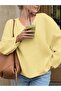 Women's Butter Yellow V-Neck Oversized Knit Sweater, Knit Sweater Fmoda1970 - 5