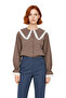 Women's Gingham Peter Pan collar Lace Detailed Raglan Sleeve Crop Shirt Casual Elegance Functional - 4