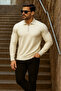 Men's Trend Zippered Long Sleeve Cream Polo Neck Sweater - 3