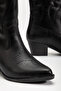 Women's Black Leather Embossed Embroidered Long Cowboy Boots - 4