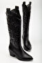 Women's Black Leather Embossed Embroidered Long Cowboy Boots
