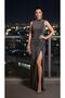 Mock Neck Stone Detailed Slit Glitter Evening Dress 583187 Fume