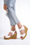 Perla Buckle Elastic Wedge Heeled Orthopedic Sole Straw Look Women's Sandals Ckt - White - 3