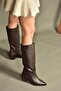 V654082103 Brown Genuine Leather Thick Heeled Women's Boots - 3