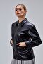 Women's Black Zippered Leather Jacket Regular Fit – Double-Breasted Shirt Collar Long Jacket with Pockets | - 4