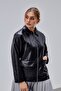 Women's Black Zippered Leather Jacket Regular Fit – Double-Breasted Shirt Collar Long Jacket with Pockets | - 8