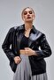 Women's Black Zippered Leather Jacket Regular Fit – Double-Breasted Shirt Collar Long Jacket with Pockets |
