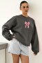 Women's Oversize Sweatshirt with Ribbon Print, Smoked Melange – Crew Neck, 3 Thread Ribbed