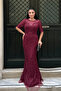 Full Beaded Fabric Design Dress - Bordo
