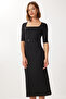 Belted Slit Fleece-Lined Knitted Dress Lub0324 Black - 2