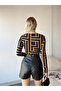 Women's Beige Geometric Square Neck Long Sleeve Viscose Blouse - 6