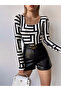 Women's Ekru Geometric Square Neck Long Sleeve Viscose Blouse - 2