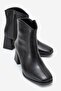 Women's Plain Blunt Toe Heeled Boots Black Leather