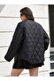 Black Quilted Plus Size Round Neck Oversized Women’s Jacket - 3