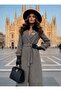 Italian Tweed Fabric Brooch Detailed Fur Belted Special Design Belted Lined Maxi Coat - 8