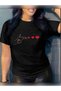 Unisex Oversized Hearts Printed Crew Neck Short Sleeve Black T-Shirt
