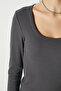 Women's Anita Tok Textured Cotton Ribbed Anthracite Basic Blouse - 3