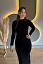 Draped Slit Long Sleeve Silvery Black Midi Dress - 5