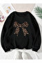 Unisex Leopard Patterned Ribbon Detail Printed Crew Neck Regular Sweatshirt 100% Cotton