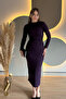 Draped Slit Long Sleeve Glitter Purple Midi Dress - 2