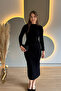 Draped Slit Long Sleeve Silvery Black Midi Dress - 2