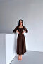 Square Neckline Sleeves Tulle Belted Brown Dress